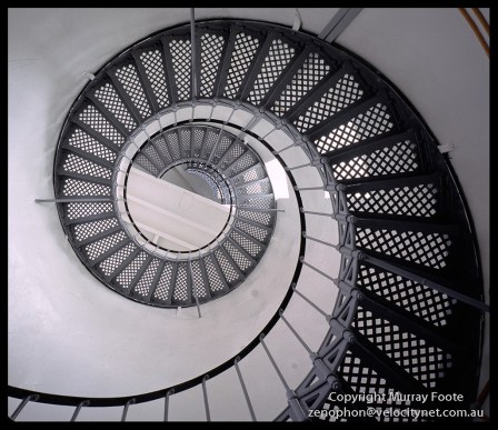 Cape Bruny lighthouse stairs from floor 10:00am 3 April 1987 Nagaoka Field Camera 5x4" 65mm Schneider super Angulon,  f45 65 seconds, Fujichrome 50.