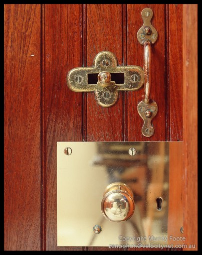 Cape Schanck door handle and latch Nagaoka 5x4" field camera 1:40pm 21 April 1987 150mm Linhof Technika Symmar f11 6 seconds Fujichrome 50