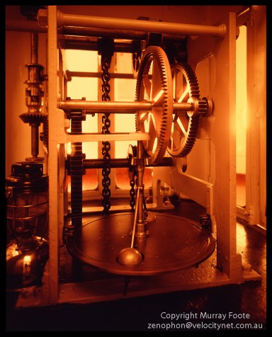 Maatsuyker clockwork mechanism 2:30pm 22 April 1987 Nagaoka Field Camera  90mm Linhof Schneider Angulon f32 15seconds + polariser Fujichrome 50