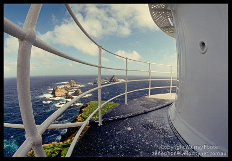 Maatsuyker lighthouse - view from rail 3:00pm 22 April 1987 Nikon FE 16mm Nikkor fisheye lens Fujichrome 50