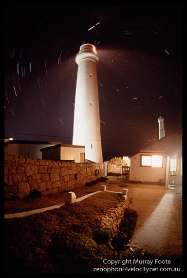Point Hicks lighthouse, cottage and star trails 9:00pm 25 April 1987 Nikon FE 16mm fisheye f3.5 25 minutes