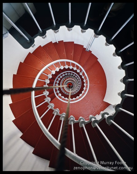 Looking down Point Hicks stairwell to Keeper on pulley Arca-Swiss 5x4" monorail camera 17 July 1987 90mm Schneider Super Angulon Fujichrome 50
