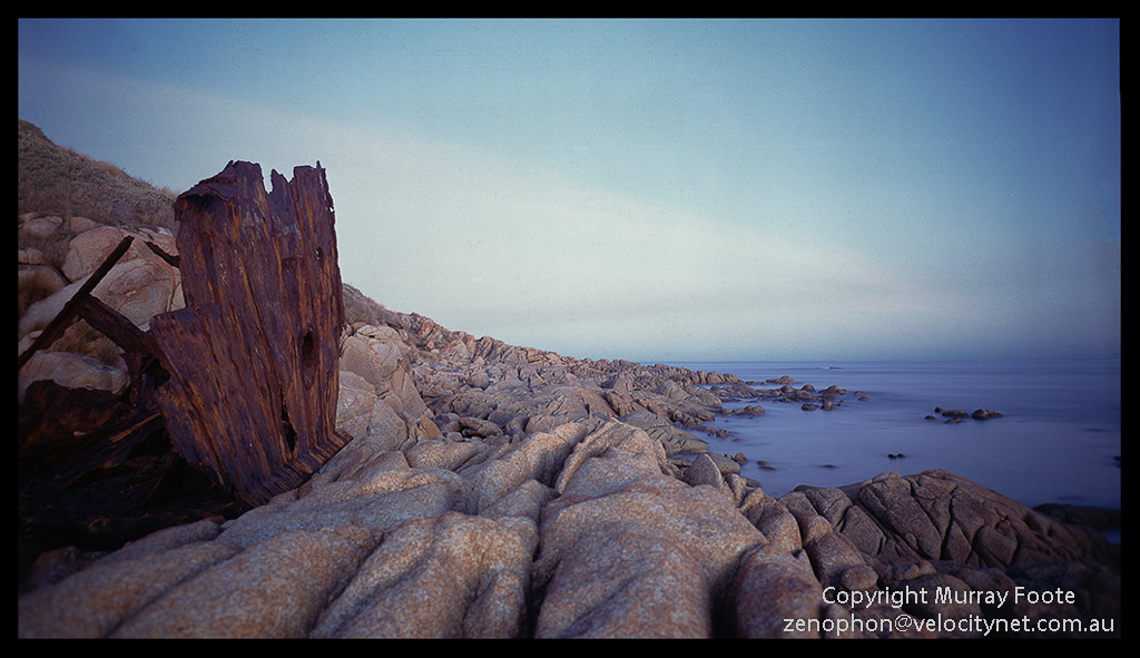 S.S. Saros, sunk 1937 and wrecked on the rocks 6:00pm 26 April 1987 Arca-Swiss 5x4" monorail camera 90mm Linhof  Schneider Angulon f6.8 25 minutes Fujichrome 50