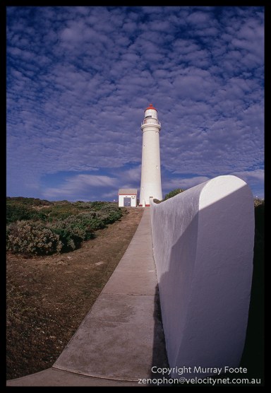 Cape Nelson lighthouse and wall Nikon FE 16mm fisheye Nikkor Fujichrome 50