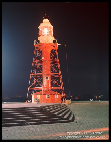South Neptune Lighthouse (old) at Port Adelaide, 8:10pm 18 May 1987 Arca Swiss Monorail 5x4" 150mm Linhof Schneider Technika Symmar  f11 1 minute 40 seconds,  Fujichrome 50
