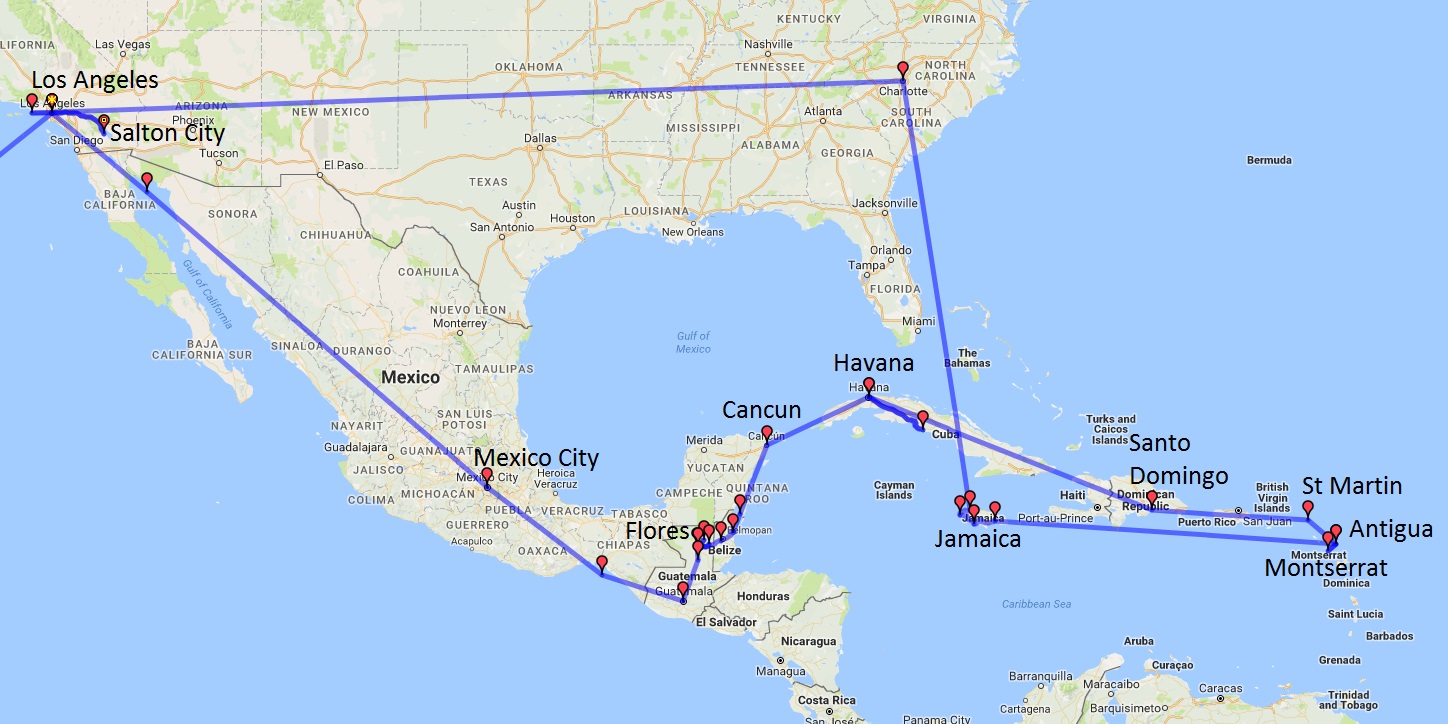 Antigua, Cuba, Dominican Republic, Flinders Ranges, Flores, Guatemala, Havana, Jamaica, Los Angeles, Mexico, Montserrat, Salton City, Santo Domingo, St Martin, USA
